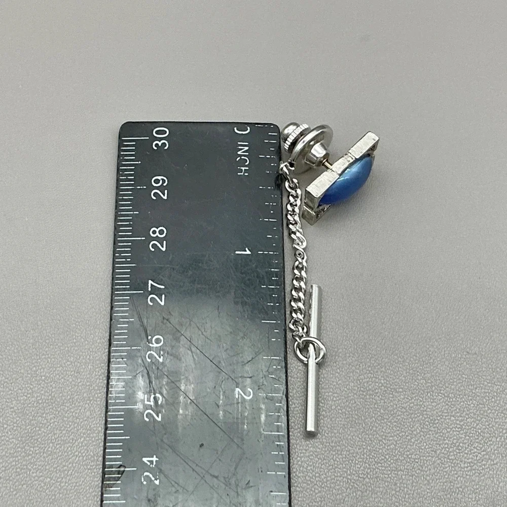 Hickok Tie Tack Vintage Blue Glass Cabochon Silver Tone Chain Men's Accessory